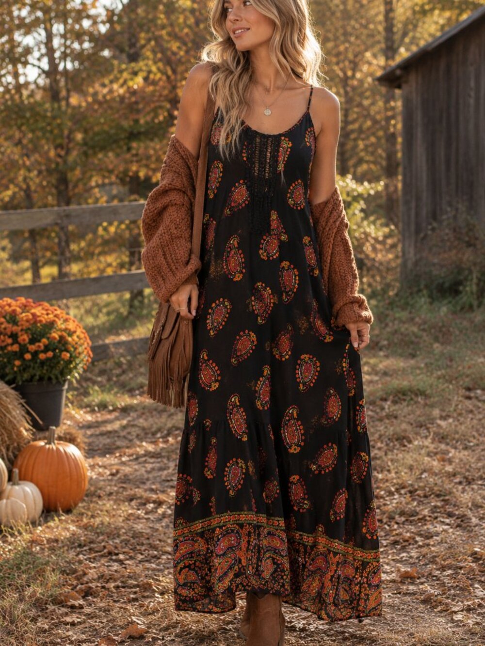 Band of Gypsies M Black Paisley Maxi Dress Crochet Boho Festival